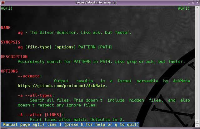 0m" echo "[1mDon't forget to add \"alias cp='acp -g'\" and \"alias mv='amv -g'\" in your bashrc![0m"
The Silver Searcher
the silver searcher 这个名字听起来很不寻常(银搜索...), 它是一款设计用来替代 grep 和 ack 的工具。 The silver searcher 在文件中搜索你想要的部分, 它比 ack 要快, 而且能够忽略一些文件而不像 grep 那样。(译者注: 原文的意思貌似是 grep 无法忽略一些文件, 但 grep 有类似选项) the silver searcher 还有一些其他的功能,比如彩色输出, 跟随软连接, 使用正则表达式, 甚至是忽略某些模式。
![