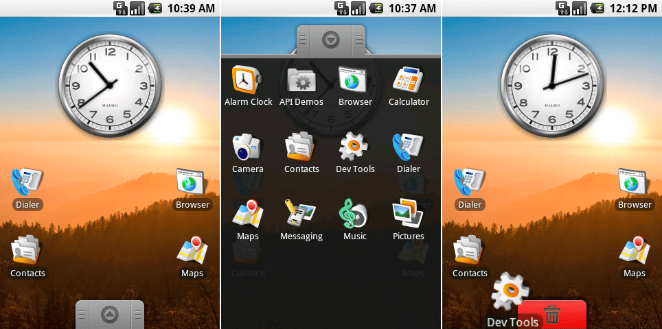 从左到右:安卓0.9的主屏幕,添加的应用抽屉,以及快捷方式删除界面。
