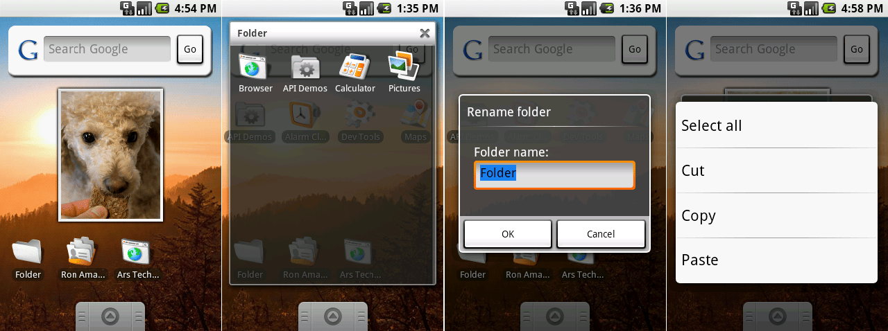 小部件集合,打开的文件夹,重命名文件夹,以及一个复制/粘贴菜单。