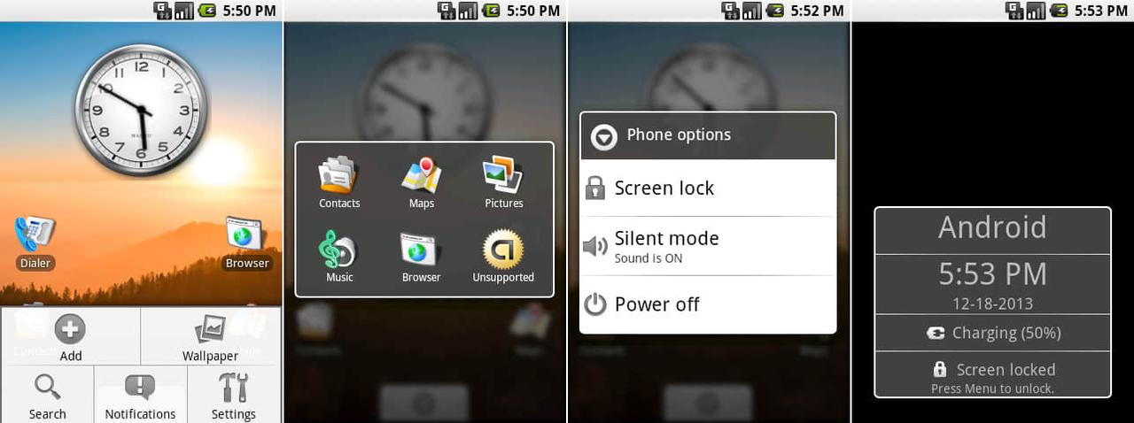 从左到右:安卓0.9的新菜单,最近使用应用,电源选项,以及锁屏。