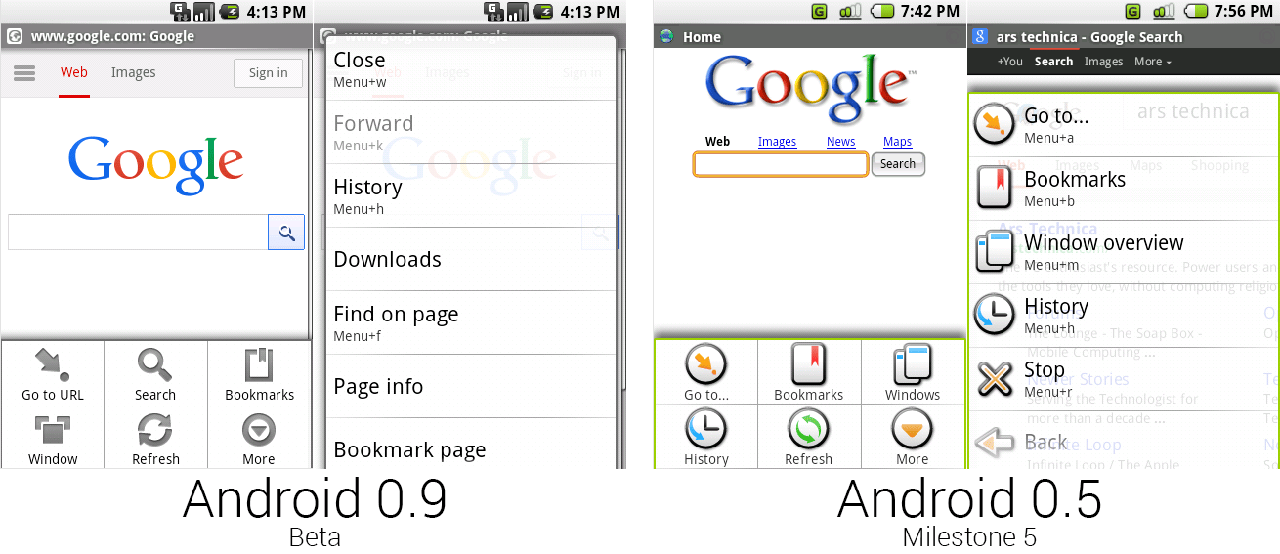 安卓0.9和0.5的浏览器,展现出新的无色彩菜单。