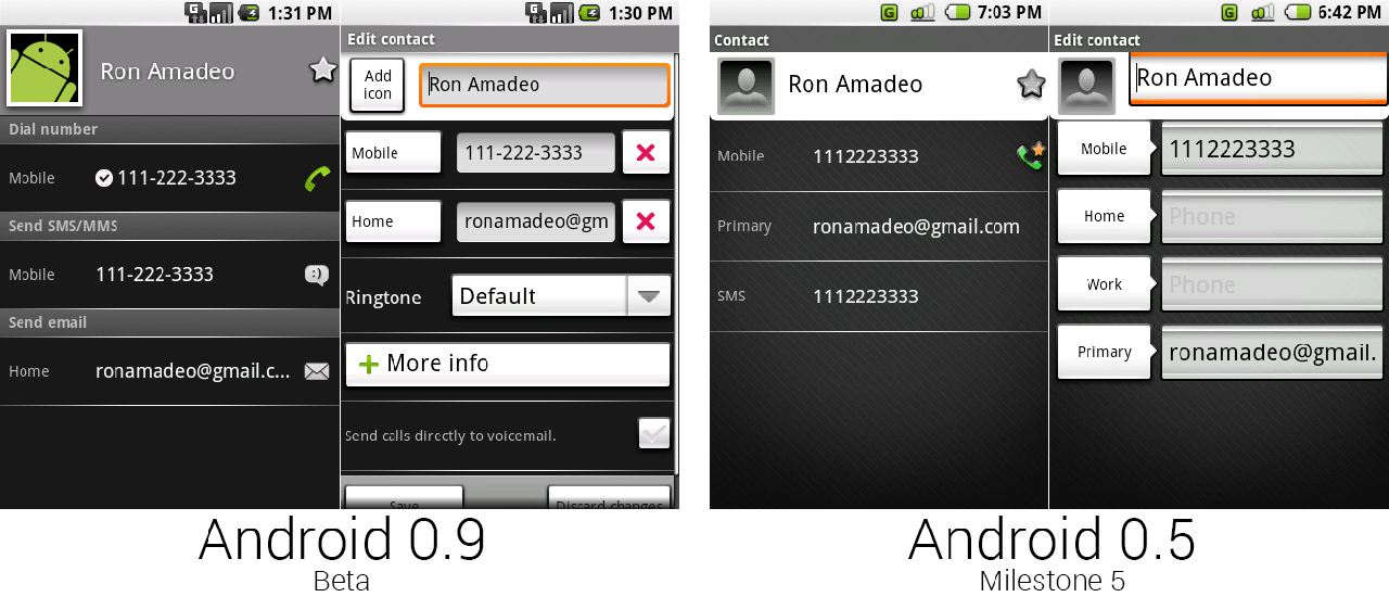 安卓0.9和0.5中独立的联系人界面和联系人编缉界面。