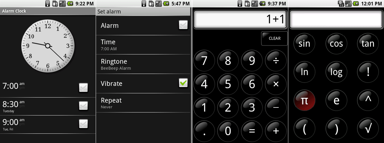 闹钟主屏幕,设置一个闹钟,计算器,以及计算器高级功能。