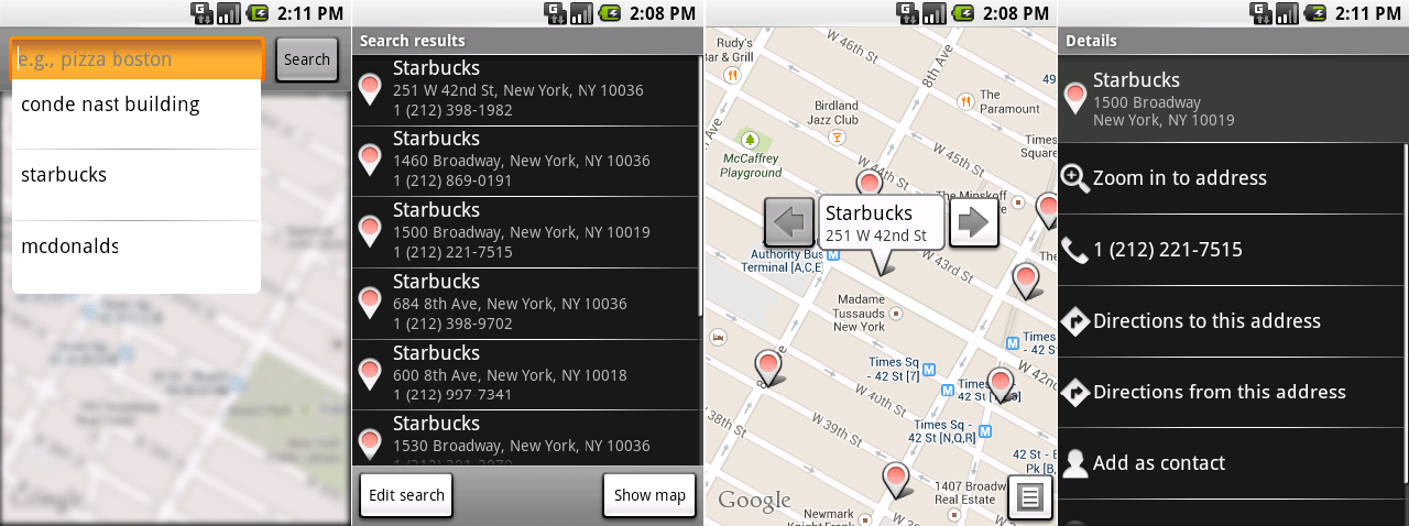 我们第一次见到谷歌地图搜索界面。这些截图展示了搜索栏,搜索结果列表,显示在地图上的搜索结果,以及一个商业页面。