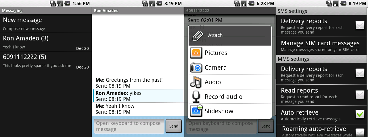 信息应用的会话窗口,附件窗口,会话列表,以及设置。