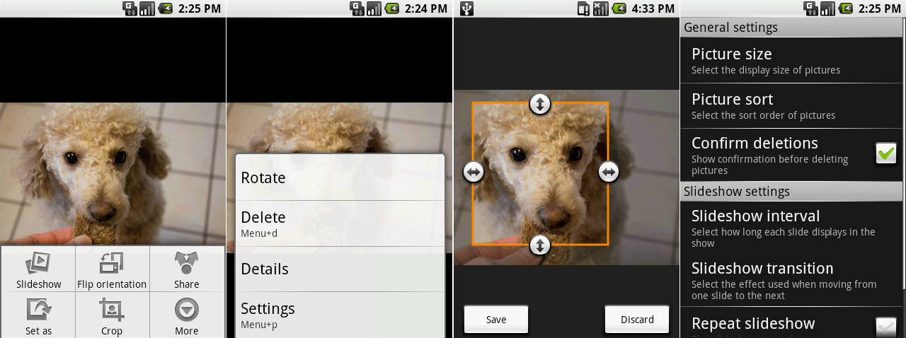 图片编缉!这些截图显示了一个打开的菜单,“更多”菜单,截取,以及设置。