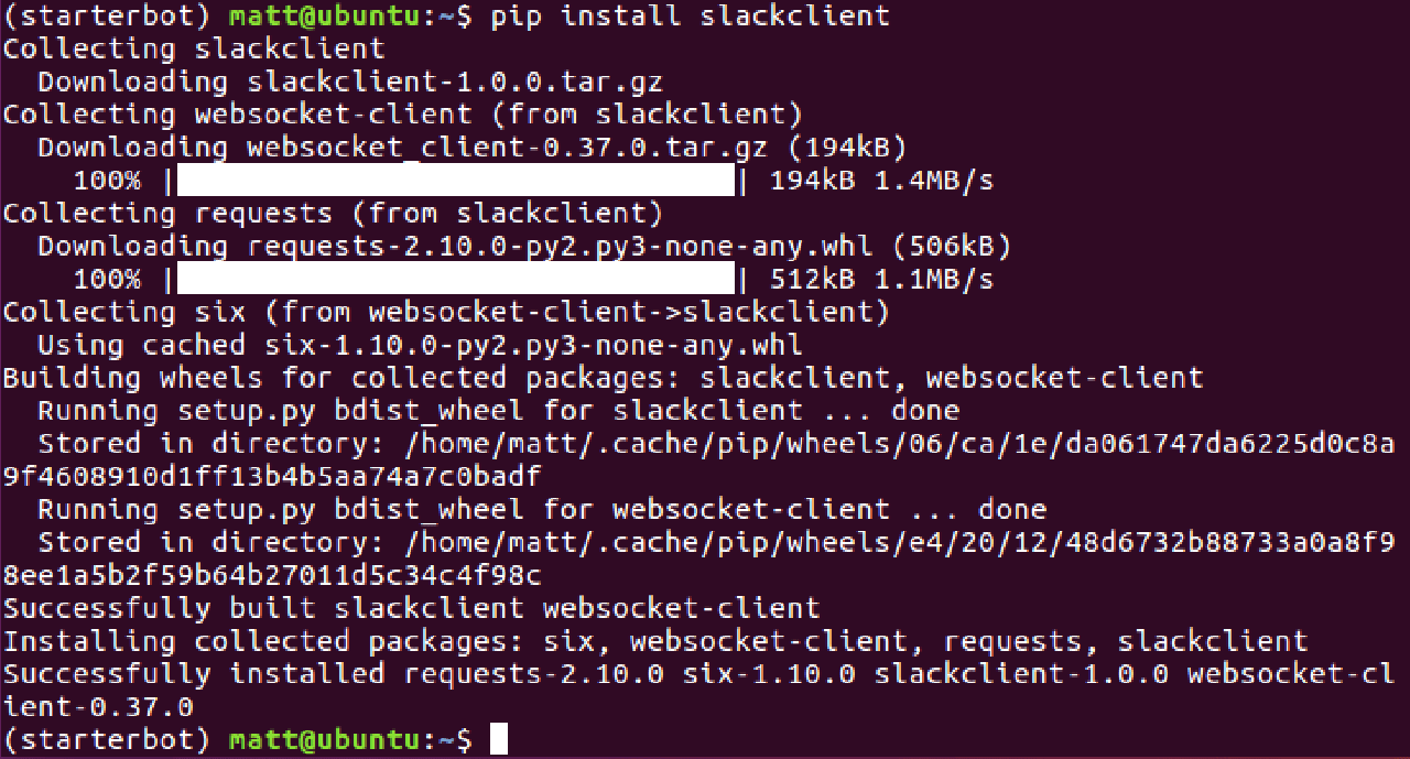 在已经激活的 virtualenv 用 pip 安装 slackclient 的输出