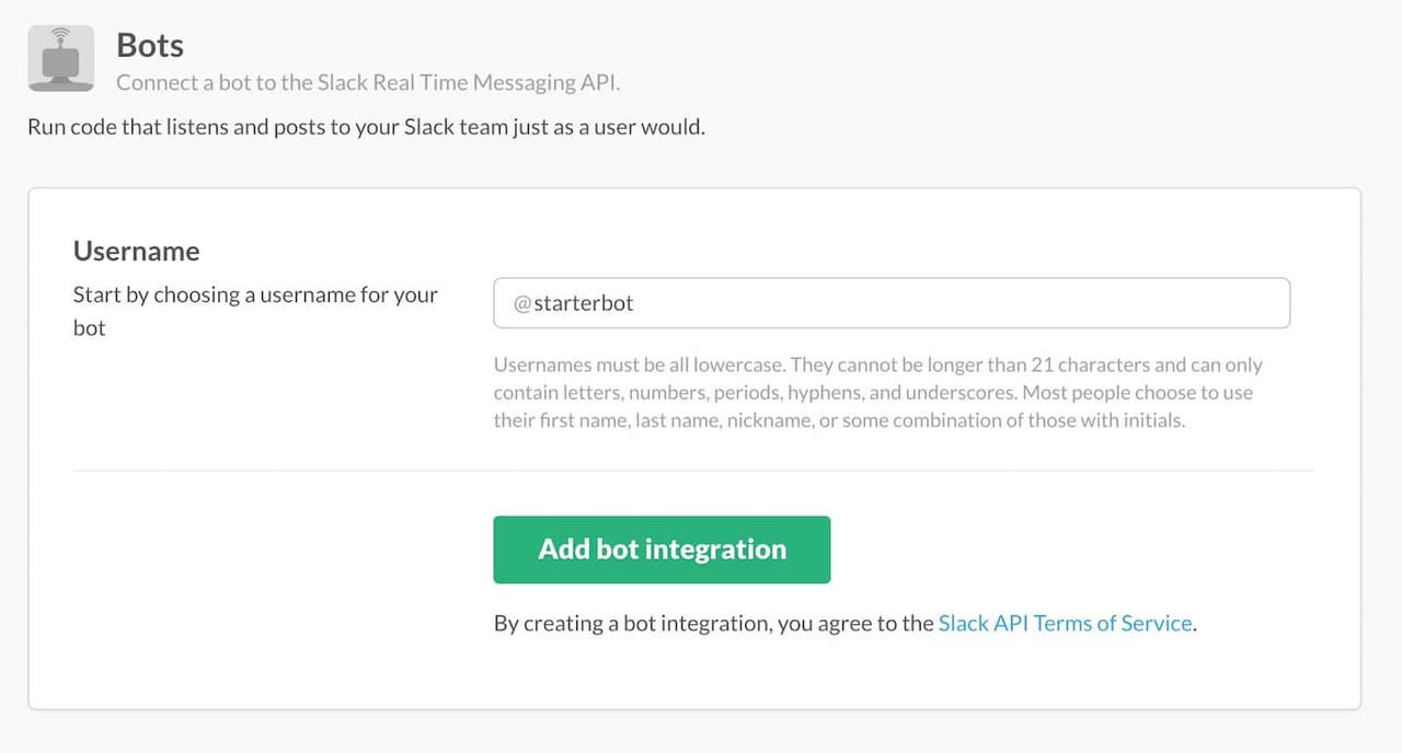 添加一个bot integration 并起名为“starterbot”