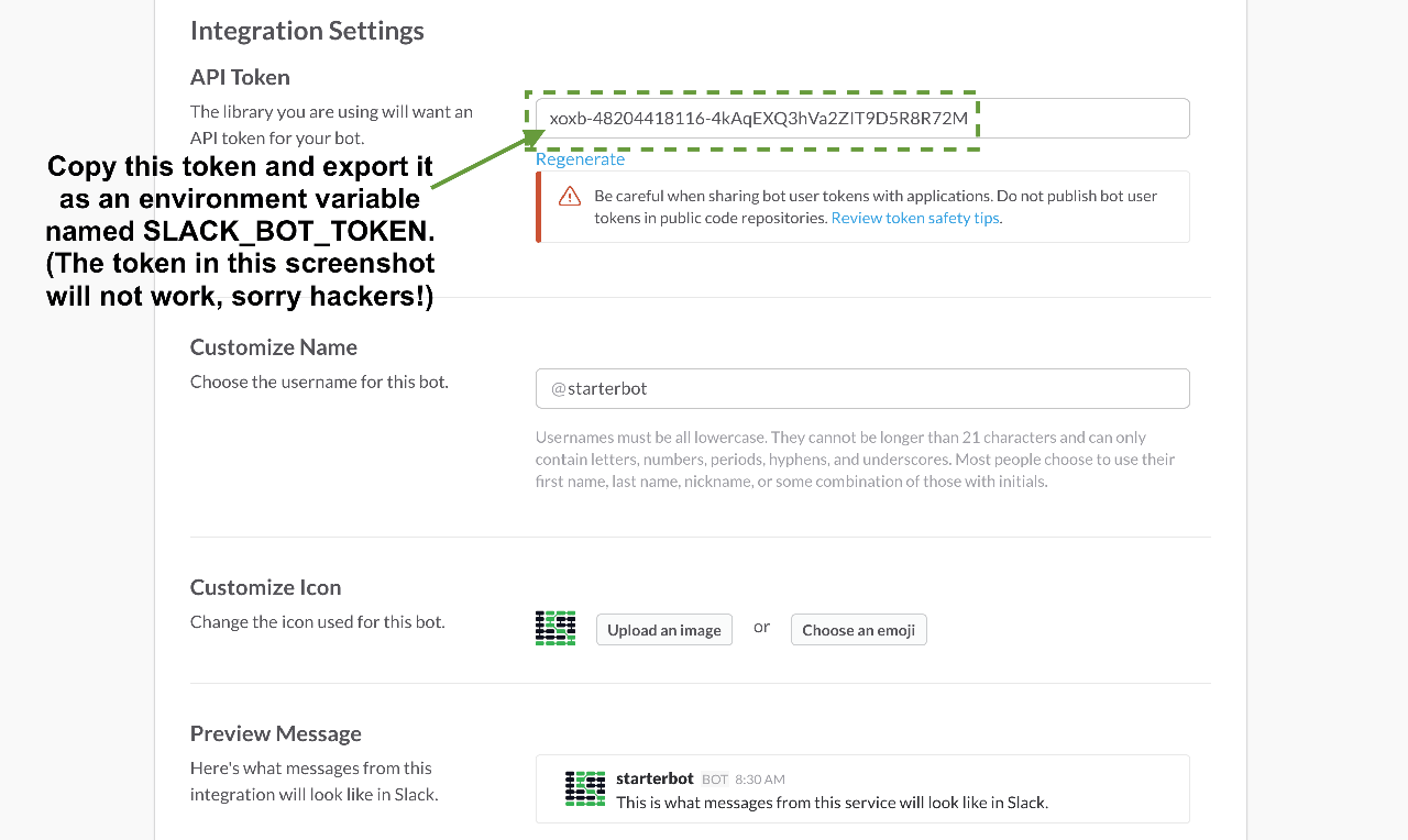 为你的新 Slack 聊天机器人复制和粘贴访问令牌