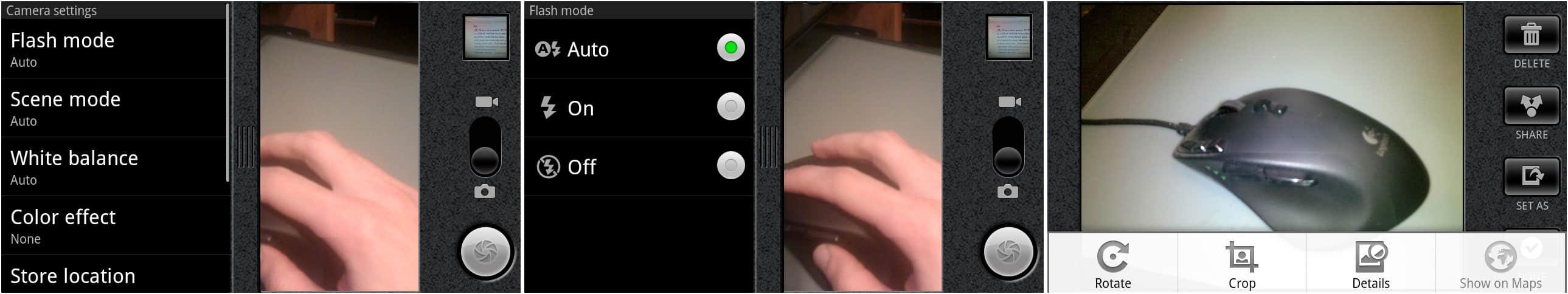 打开设置的相机,闪光灯设置,以及查看照片界面的菜单。
