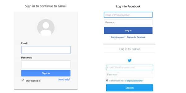 gmail, facebook login page