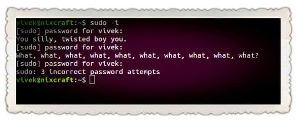 当输入错误密码时，你会被一个有趣的的 sudo 嘲讽语戏弄。