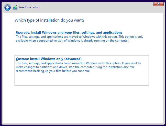 Select type of Windows installation 选择 Windows 的安装方式