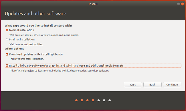 Choose Ubuntu installation options 选择 Ubuntu 安装选项