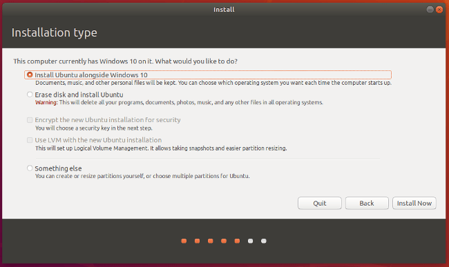 Install Ubuntu alongside Windows 安装 Ubuntu,与 Windows 10共存