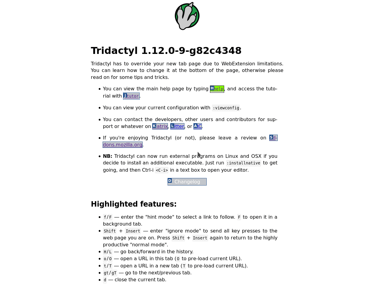 Tridactyl's new tab page, showcasing link hinting Tridactyl screenshot