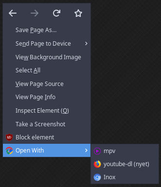 A context menu provided by Open With. I can open the current page with one of the external programs listed here. Open With Screenshot