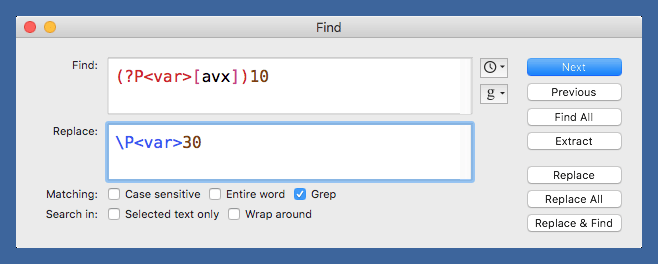 Named BBEdit replacement pattern Named BBEdit replacement pattern