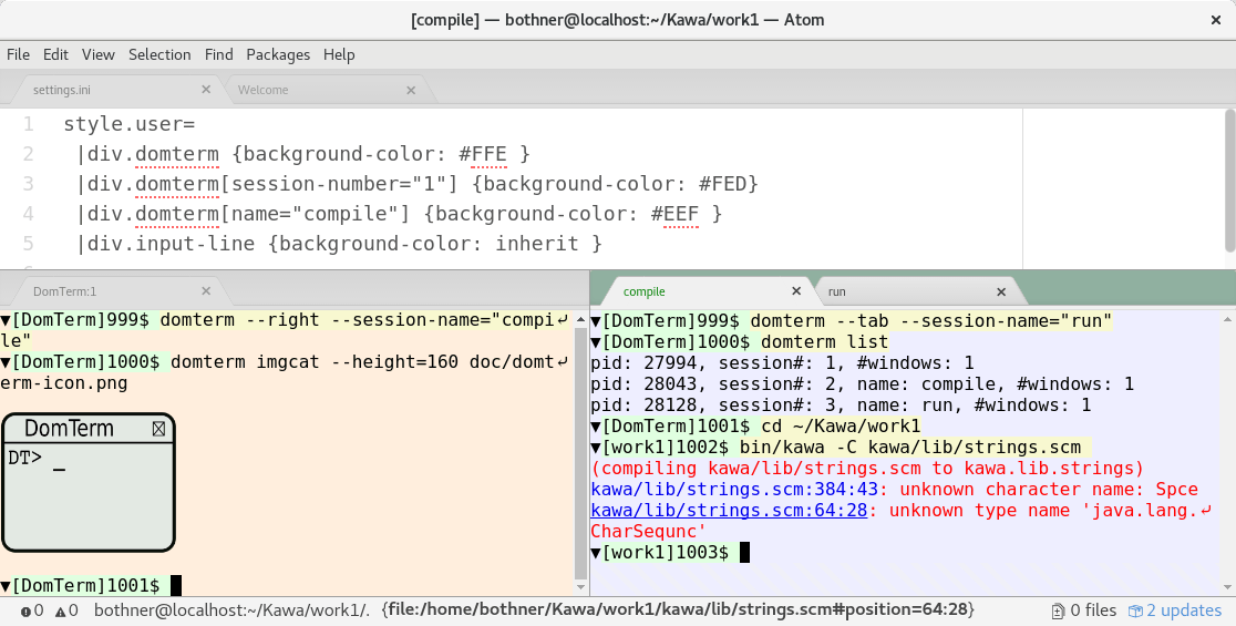 DomTerm terminal panes in Atom editor 在 Atom 编辑器中的 DomTerm 终端面板