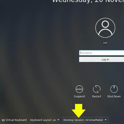 Selecting the Window Maker desktop in KDM Selecting the Window Maker desktop in KDM