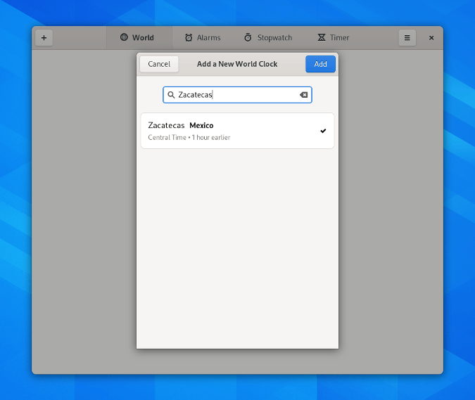 Adding a new world clock in GNOME Clocks Adding a new world clock in GNOME Clocks