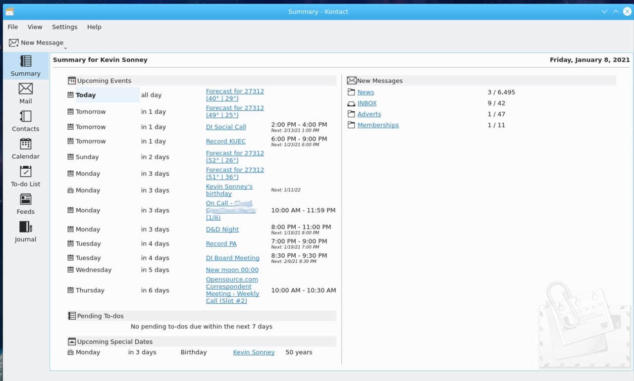 Kontact Summary screen Kontact Summary screen