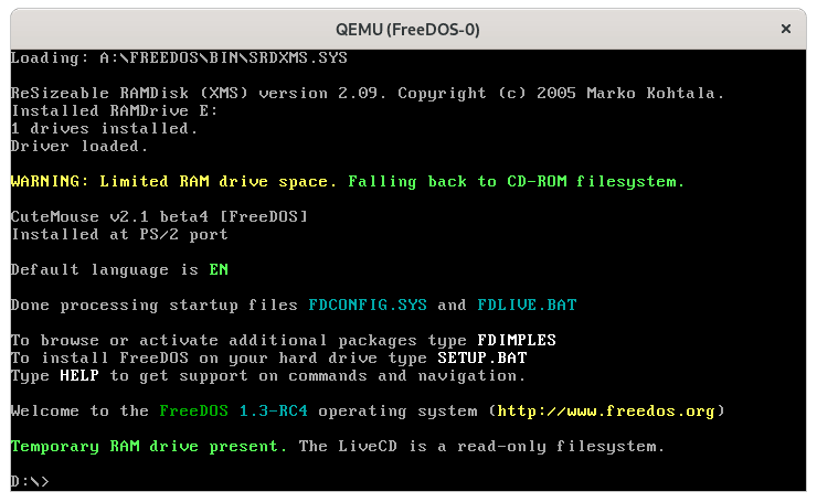 Booting the FreeDOS 1.3 RC4 LiveCD Booting the FreeDOS 1.3 RC4 LiveCD on QEMU