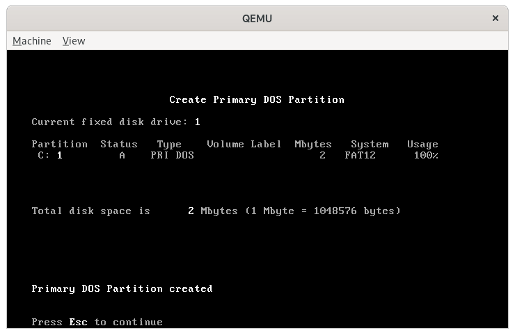 FDISK, after creating the 2 megabyte partition embedded setup