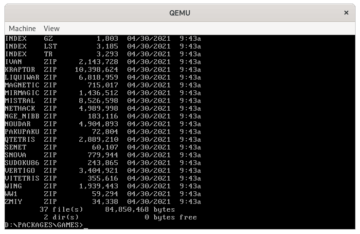 A list of game packages from FreeDOS 1.3 RC4 embedded setup
