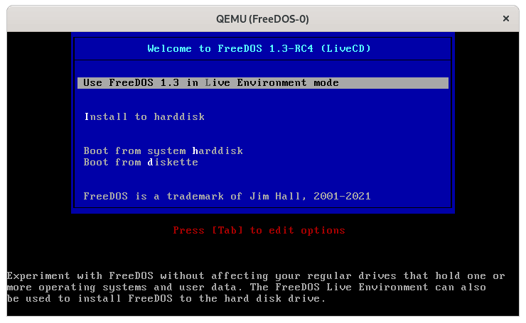 Select \"Use FreeDOS 1.3 in Live Environment mode\" to boot the LiveCD manual install
