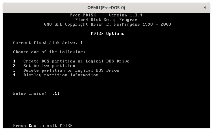 Select \"1\" to create a partition using fdisk