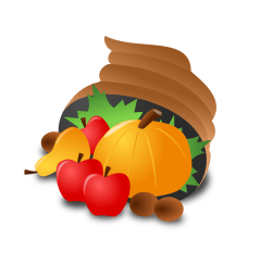 cornucopia 一幅棕色玉米棒的漫画,上面有红色的苹果、橙色的南瓜和棕色的坚果溢出来。