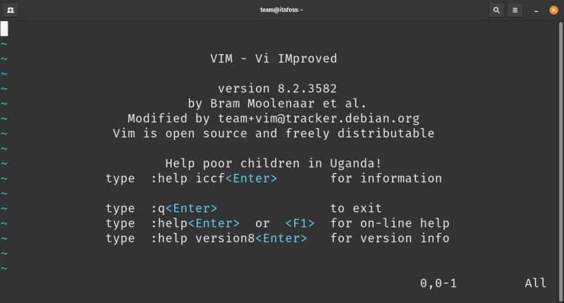 当你启动 Vim(无参数)时的终端屏幕