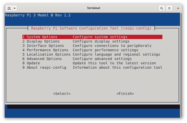 Raspberry Pi config main window Raspberry Pi config main window