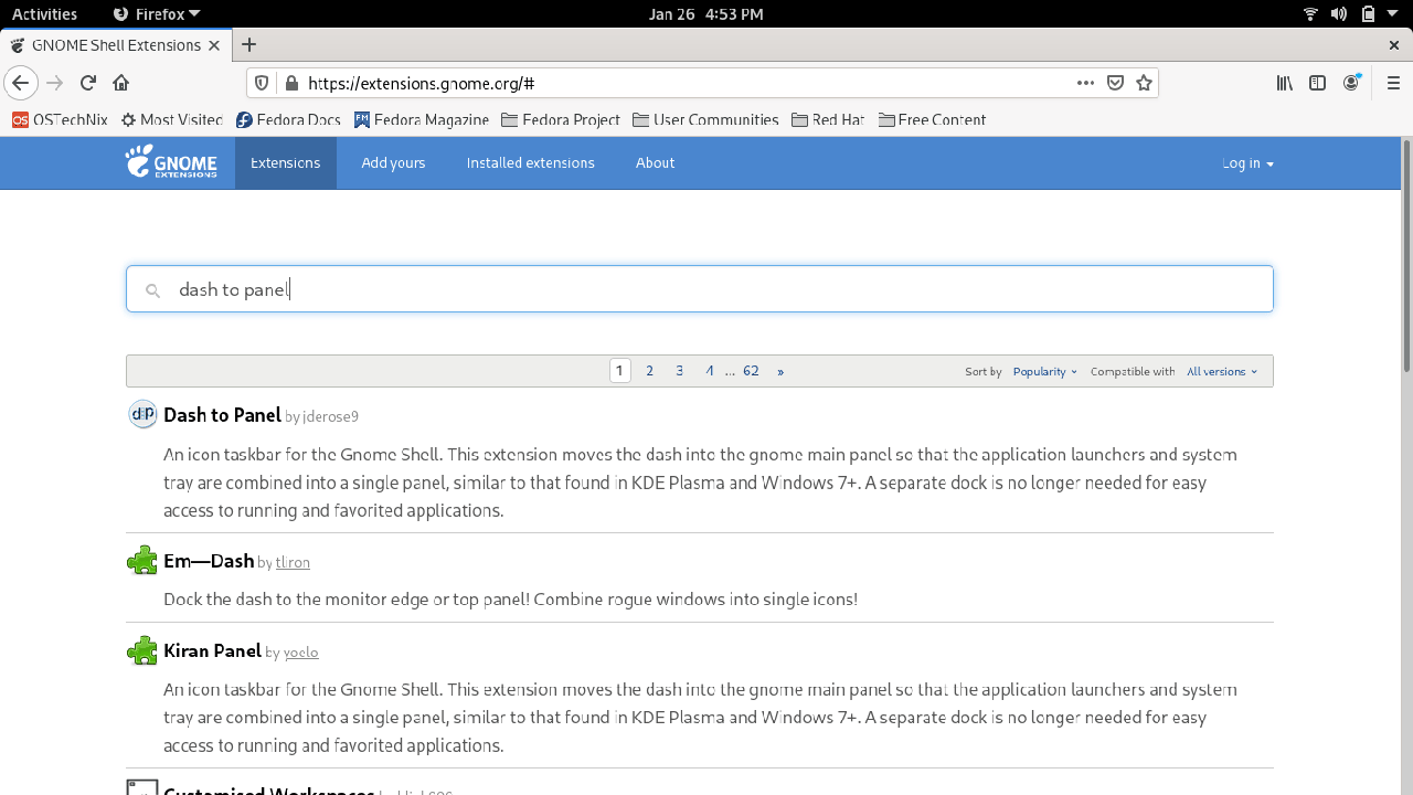 Search for Dash to panel extension in Gnome extensions site