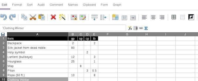 Ethercalc Ethercalc spreadsheet of inventory