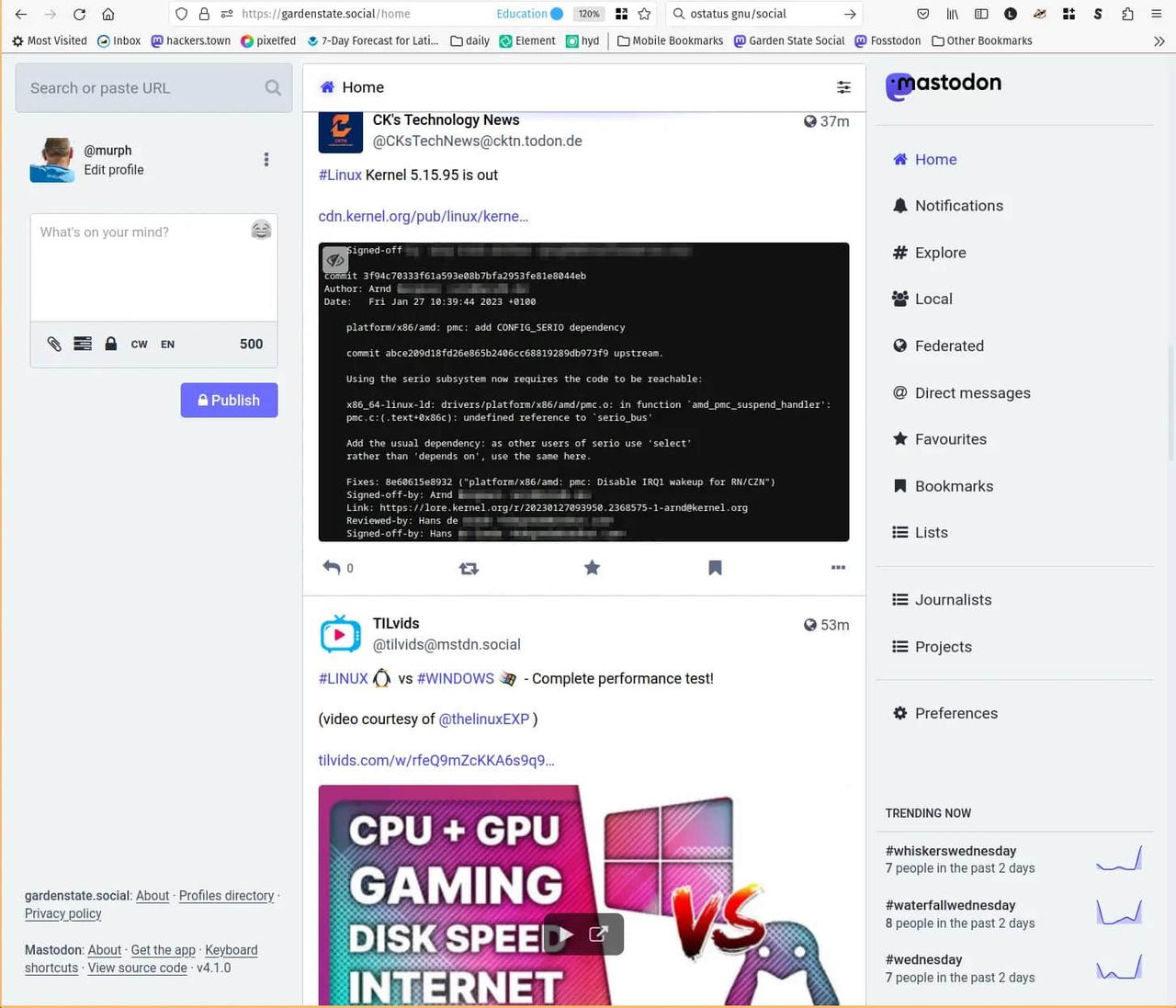 Mastodon 网页客户端具有一个中央面板,用于显示你的定制网络中的活动
