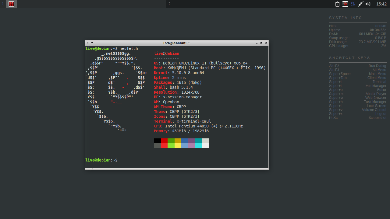 crunchbangplusplus live media with neofetch open in terminal