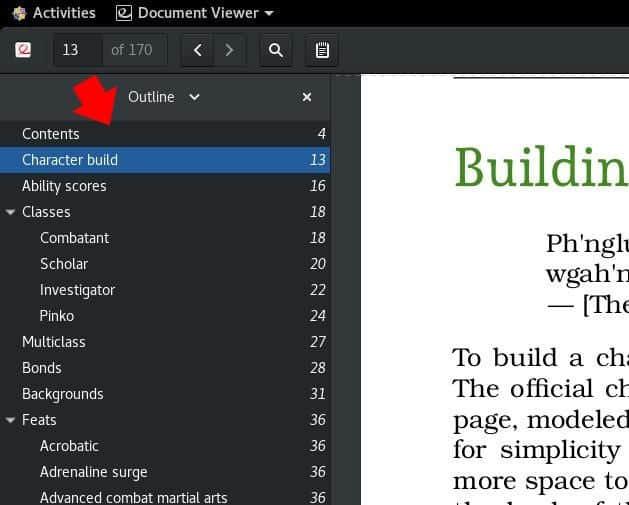 table of contents Screenshot of a sidebar table of contents next to a PDF