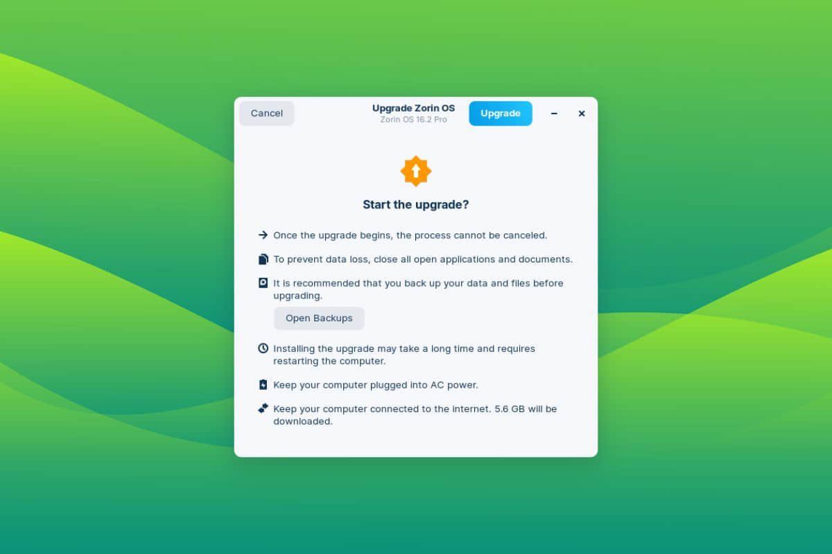 a screenshot of the zorin os updater's start the upgrade screen