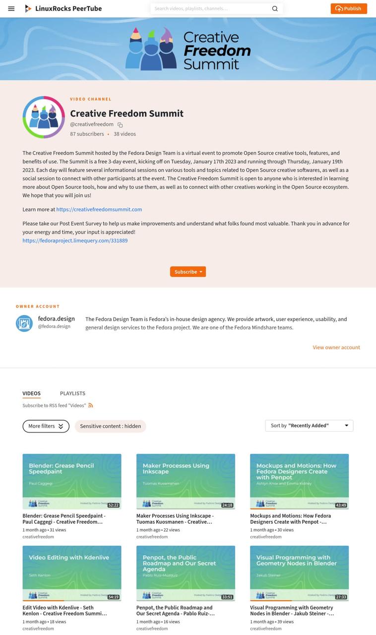 创意自由峰会的 PeerTube 频道截图,显示了标志、事件描述和一组视频缩略图